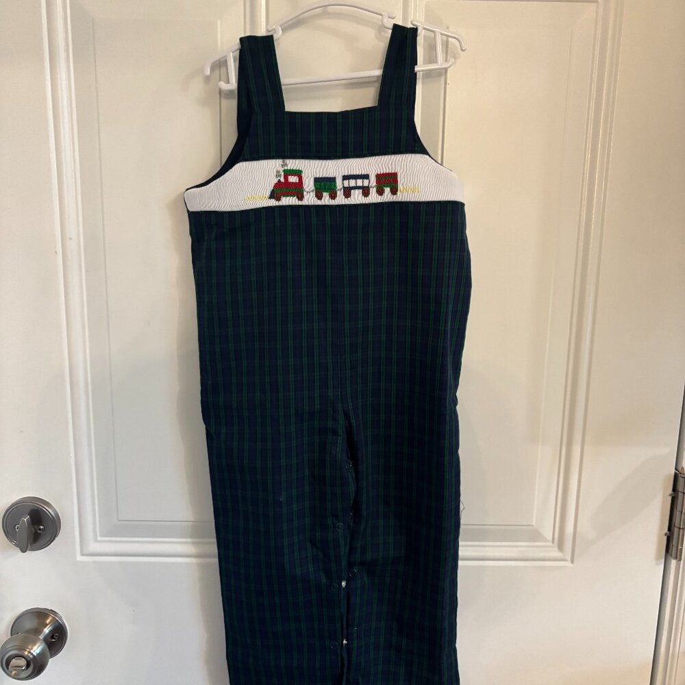 The Beaufort Bonnet 18-24 Months Boy Smocked Teddy’s Tab Longall with Trains